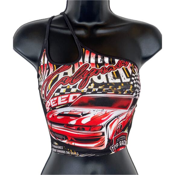 New Medium Red Grunge Motorsport Graphic Racing Car Crop One shoulder Strappy - Picture 7 of 9
